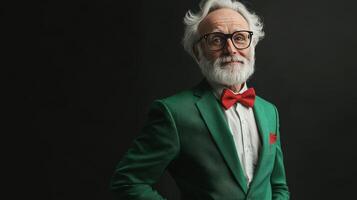 Senior man in a green suit and red bow tie poses confidently against a dark background photo