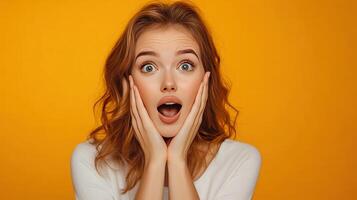 Surprised young woman expressing joy against a vibrant yellow background in a studio setting photo