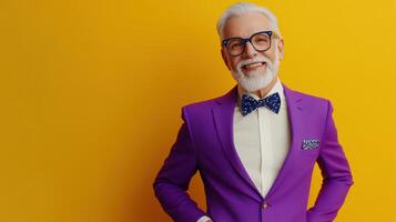 Elderly man in a vibrant purple suit with a bow tie poses confidently against a bright yellow background, showcasing a stylish and cheerful demeanor photo