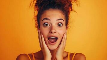 A surprised young woman smiles widely against a vibrant yellow background during daylight, expressing joy and excitement photo