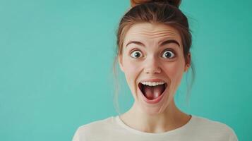 A young woman expressing joy with a big smile against a bright turquoise background photo