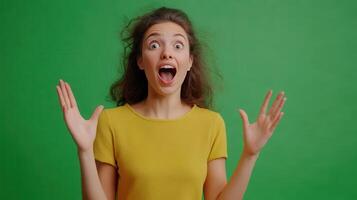 Excited young woman with curly hair against a green background expressing joy and surprise with raised hands photo