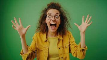 Happy young woman with curly hair celebrating against a green backdrop, expressing excitement with wide eyes and raised hands photo