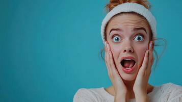 Surprised young woman gasping with wide eyes and open mouth, expressing shock against a blue background photo