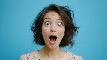 A surprised woman with short curly hair expressing excitement against a bright blue background photo