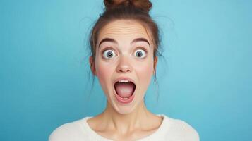 Excited young woman expressing surprise against a solid blue background, showcasing her open mouth and wide eyes photo