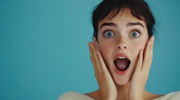 Young woman expressing surprise against a bright blue background during a casual setting photo