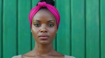 A woman with a pink head wrap stands confidently in front of a green wooden backdrop during daylight photo