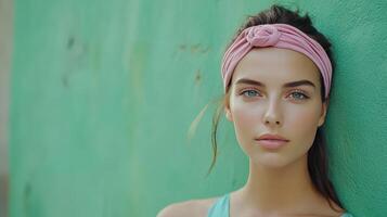 Young woman with a pink headband poses against a turquoise wall during daytime outdoors photo
