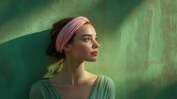 Young woman with a pink headband gazes thoughtfully against a textured green wall in soft, natural light photo