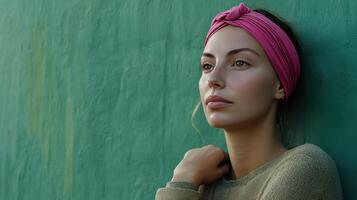 Young woman with a pink headband leans against a green wall while looking thoughtfully into the distance in a bright setting photo
