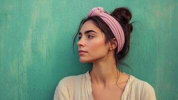 A young woman with a pink headband poses thoughtfully against a vibrant green wall during daylight photo