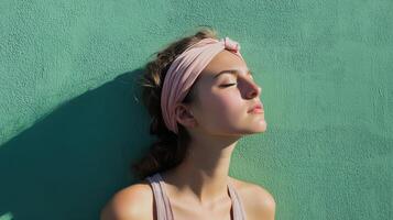 Young woman relaxing against a green wall during sunny daylight, eyes closed, with a pink headband and a peaceful expression photo