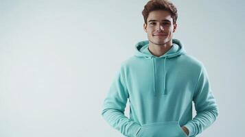 Young man in a turquoise hoodie smiles against a light backdrop during a casual studio photoshoot photo