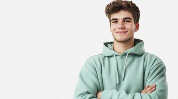 Young man smiling confidently in a casual mint green hoodie against a plain light background photo
