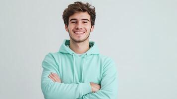 A young man with curly hair smiles confidently while wearing a mint green hoodie against a light background photo