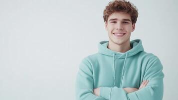 Young man wearing a light blue hoodie smiles confidently against a plain background photo