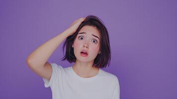 A young woman with short hair showing a surprised expression while holding her head against a purple background photo