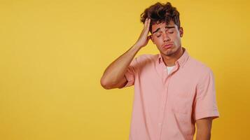 Young man with a pained expression holding his head against a bright yellow background during a casual setting photo
