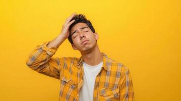 Young man in a yellow plaid shirt expressing frustration against a bright yellow background photo