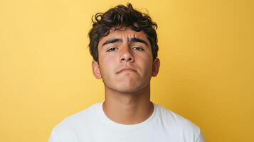 Young man with curly hair poses confidently against a bright yellow background, expressing determination and focus photo
