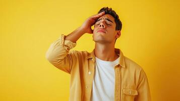 Young man feeling overwhelmed while standing against a bright yellow backdrop during the day photo