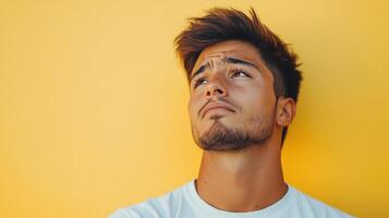 Young man gazing thoughtfully upwards against a bright yellow wall during the day photo