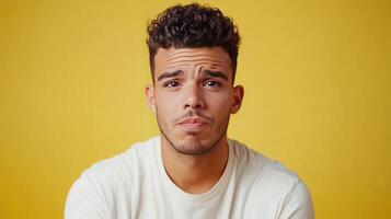 Young man with curly hair shows a thoughtful expression in front of a yellow background during daylight photo