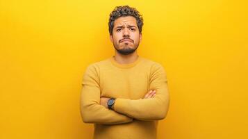 Man with curly hair frowning while crossing his arms in front of a bright yellow backdrop during daylight photo