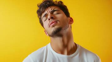 Young man posing with a thoughtful expression in front of a bright yellow background during a photo shoot