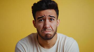 Man making a sad expression against a bright yellow background during daylight photo
