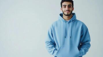 Young man wearing a light blue hoodie stands confidently with hands in pockets against a minimalistic background photo