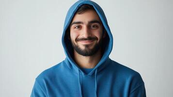 Smiling man wearing a blue hoodie against a light background photo