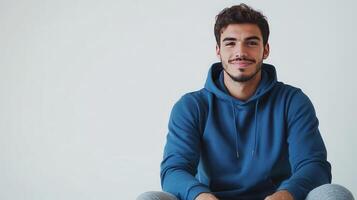 Young man wearing a blue hoodie smiling at the camera in a minimalistic indoor setting during daylight photo