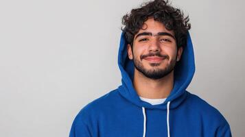 Young man smiles while wearing a blue hoodie in a light-colored setting photo