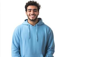 Young man wearing a blue hoodie stands smiling against a white background photo