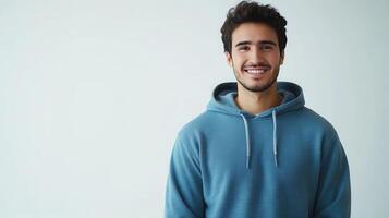 Young man smiling in a casual blue hoodie against a neutral background in a bright indoor setting photo