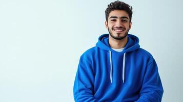 Young man smiling in a blue hoodie, seated against a light background photo