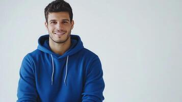 Young man in a blue hoodie smiles cheerfully against a light background in a casual indoor setting during daytime photo