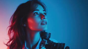 Young woman holds a vintage camera while gazing upward against a colorful blue and red backdrop photo