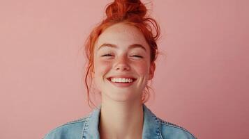 Smiling young woman with red hair in denim jacket against a pink background, expressing joy and confidence during daytime photo