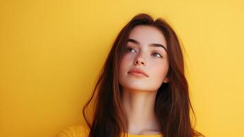 Young woman with long brown hair poses against a bright yellow background, capturing a thoughtful expression photo