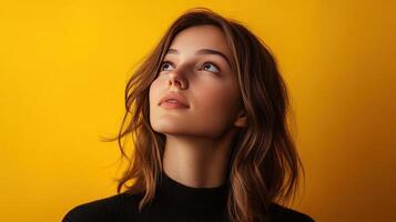 Young woman gazing thoughtfully upwards against a bright yellow background in a warm setting photo