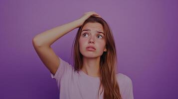 A young woman with long hair looking puzzled against a purple background, conveying confusion in a casual setting photo