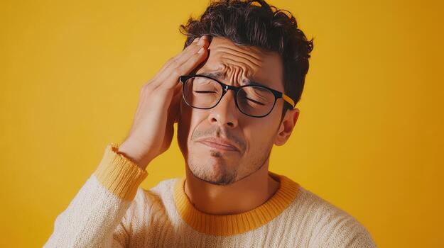 Young man experiencing a headache while wearing glasses in front of a bright yellow background photo