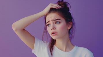 Young woman with a concerned expression touching her hair against a purple background photo