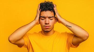 Young man in a yellow shirt expressing frustration against a bright yellow background while holding his head photo