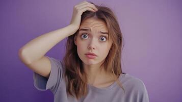 A surprised young woman holding her head in front of a purple background, expressing confusion or concern photo
