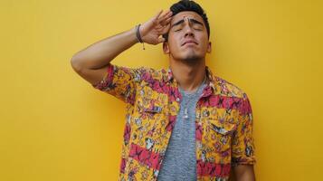 Young man saluting against a vibrant yellow background while wearing a colorful patterned shirt and relaxed expression photo