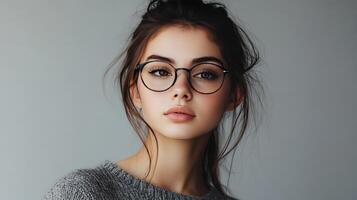 Young woman with glasses wearing a cozy sweater posing against a neutral background indoors photo